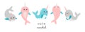 Kawaii smiling narwhal collection, cute baby whale